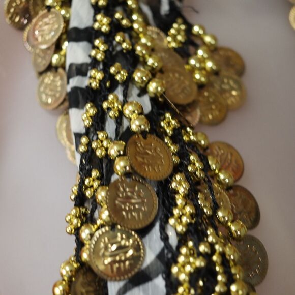 Zebra Print Sheer Belly Dancing Scarf Shimmy Coin Jingle Noise Making Hip Scarf - Picture 9 of 10